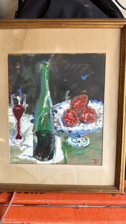 Oil painting, copy, original wine bottle, fruit, and cup