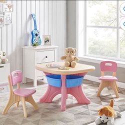 Kidzilla Activity Kids Table and 2PCS Chairs Set with Center Storage Bin for Boy Girl, Pink/Beige