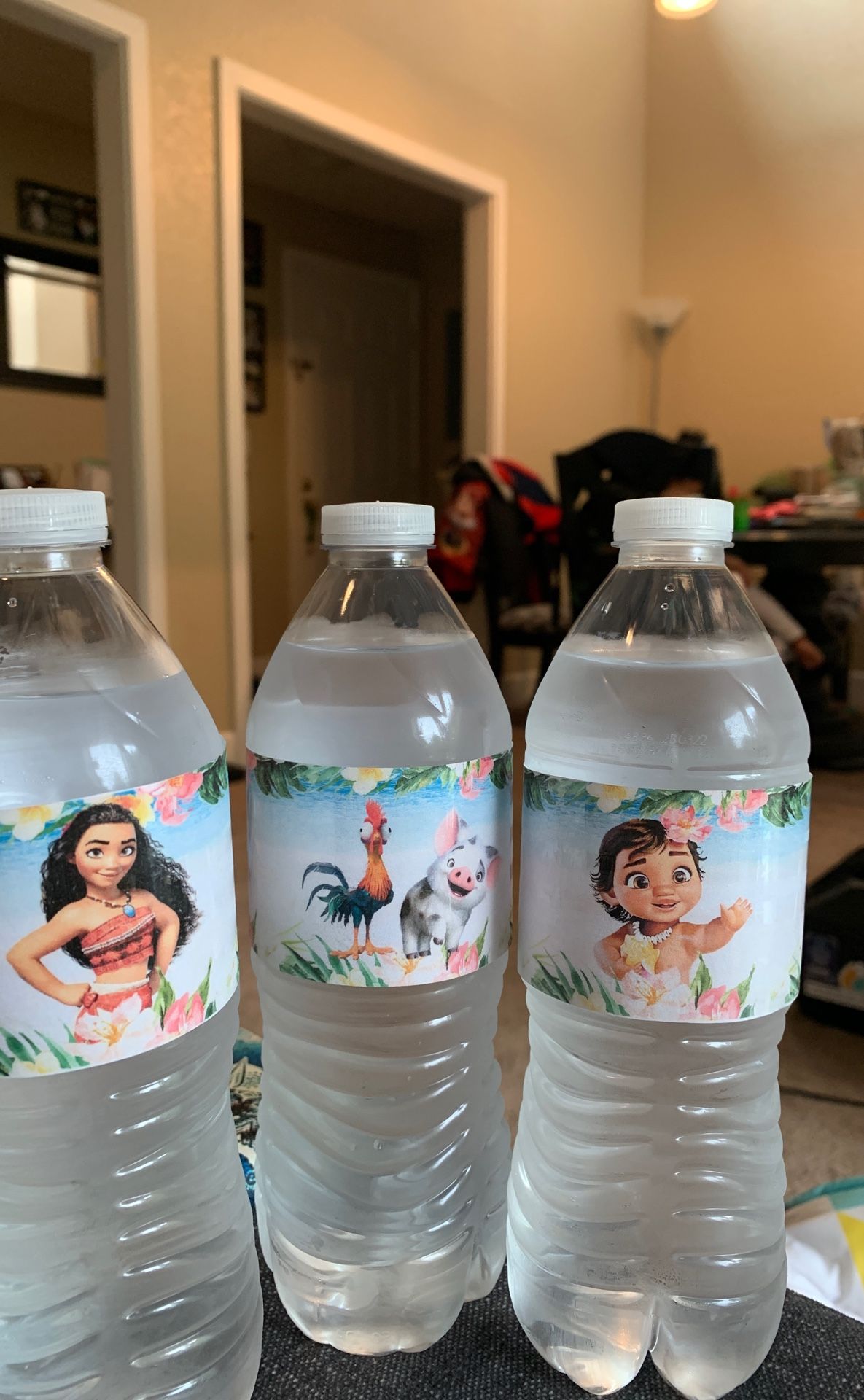 Moana or custom flower water bottle labels party