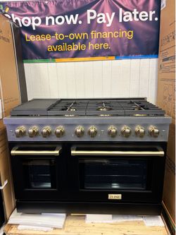 Zline 48” black stainless steel and gold dual fuel gas stove