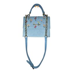 Betsey Johnson Denim Floral Embroidered Crossbody Satchel Bag Light Blue Gold Chain