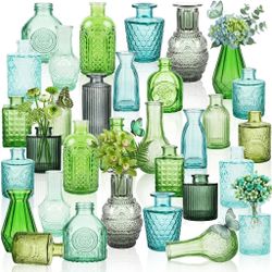 Set of 32 Green and Blue Glass Bud Vases