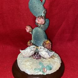 8 Inch Painted Alabaster Cactus With Birds Statue Imported From Greece