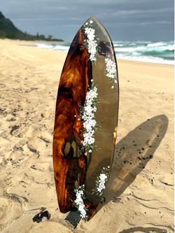Surfboard Art, 57 inches, Hawaiian Monkeypod and floral design