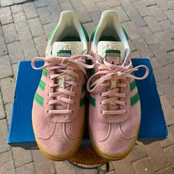 Stacked Adidas Gazelle Bold Sneakers in True Pink/Green/Cloud White color way