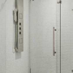 VIGO Winslow 34 in. L × 46 in. W × 74 in. H Frameless Sliding Rectangle Shower Enclosure in Stainless Steel with Clear Glass