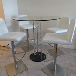 Modern Glass Top Dinette with White Leather Swiveling Bar Style Seats