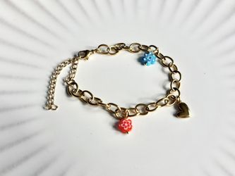 $3 for (1) Gold Tone Adjustable Chain Charm Bracelet Red Blue Flower Charms Heart Dangle