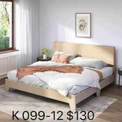 King Size Platform Bed Fame with Upholstered Adjustable Fabric Headboard, Beige(099-12)