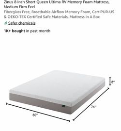 8 Inch Short Queen Ultima RV Memory Foam Mattress