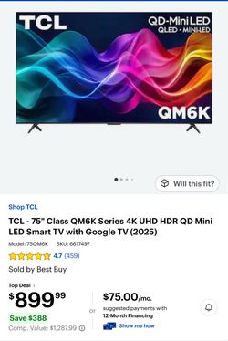 TCL - 75" Class QM6K Series 4K UHD HDR QD Mini LED Smart TV with Google TV (2025)