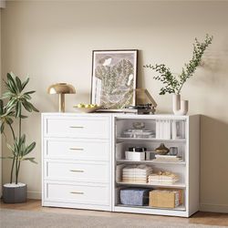 Metal Dresser for Bedroom, White Metallic Bedroom Dresser with 4 Drawers and Gloden Handle, Dressers & Chests of Drawers for Nightstand Be