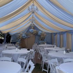 Canopy Draping Chandelier Round Table Resin Chairs Tablecloth