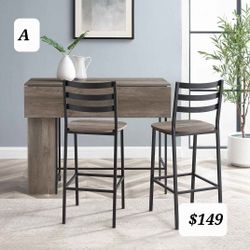 High Top 3 Piece Drop Leaf Counter Table Dining Set with Storage, 48", Grey Wash(New  In A Box)