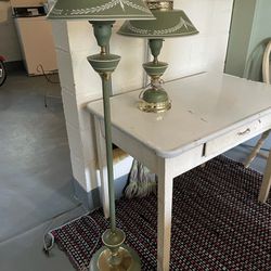 Vintage Pair Green Toleware Lamps