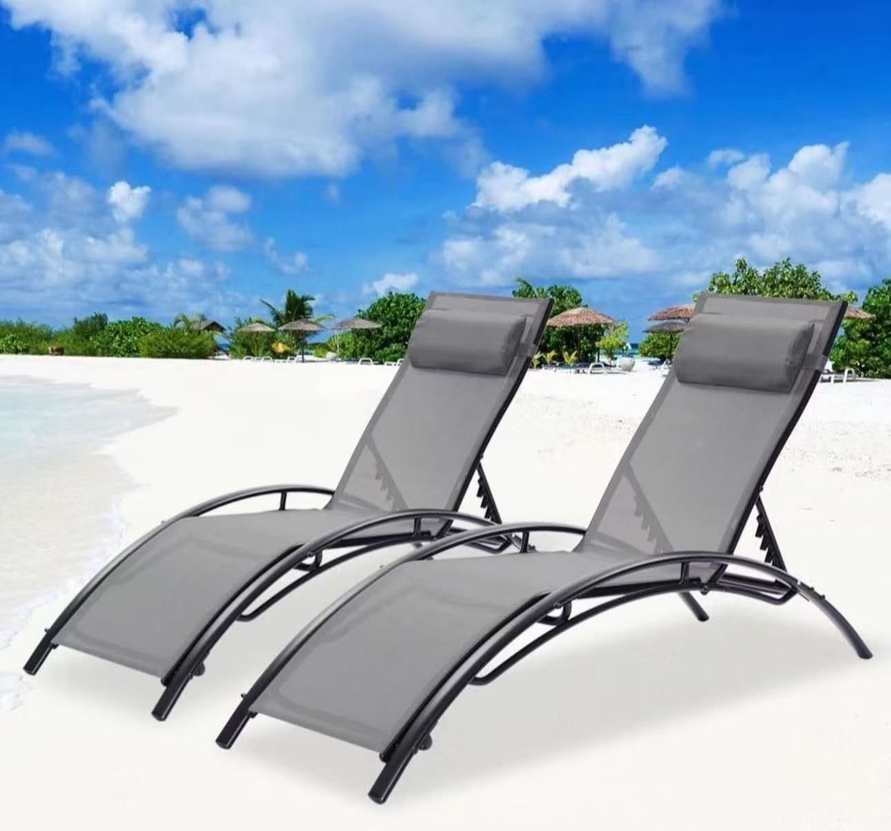 2PCS Set Lounges Outdoor Lounge Chair Lounger Recliner Chair for Patio Lawn Beach Pool Side Sunbathing (Gray)