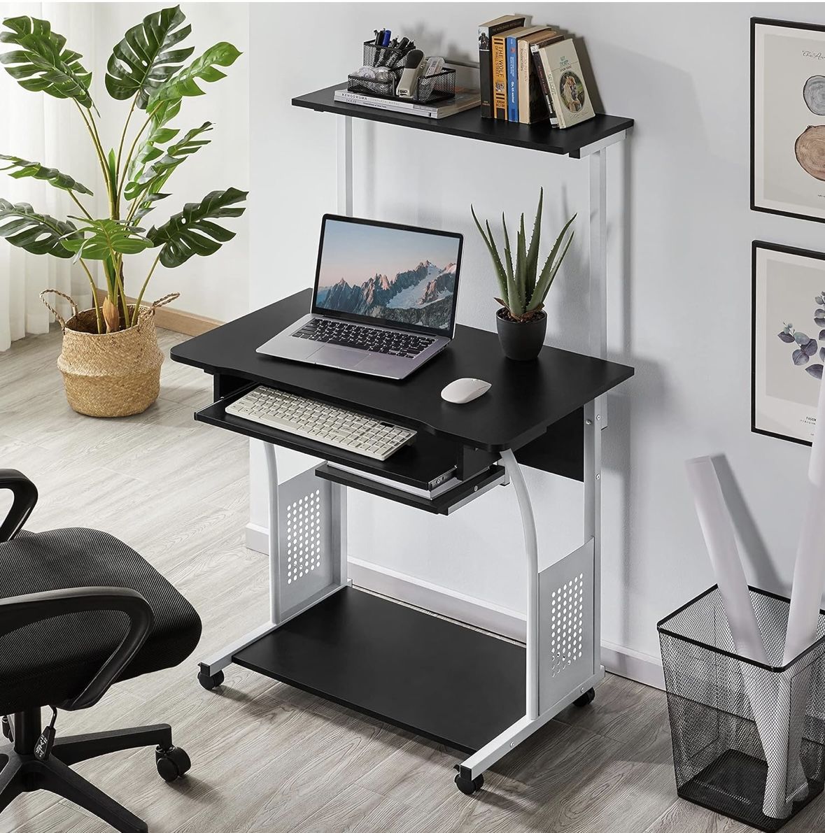 3 Tiers Mobile Computer Desk with Printer Shelf & Keyboard Tray Rolling Computer Desk for Small Spaces, Compact Study Desk Workstation with Wheels.