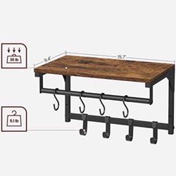 Laundry Room Shelf Wall Mounted, Coat Rack Shelf, With 8 Removable Hooks 