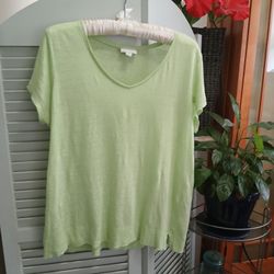 J.Jill Love Linen - Pale green V-neck, square cut linen tee shirt, Small