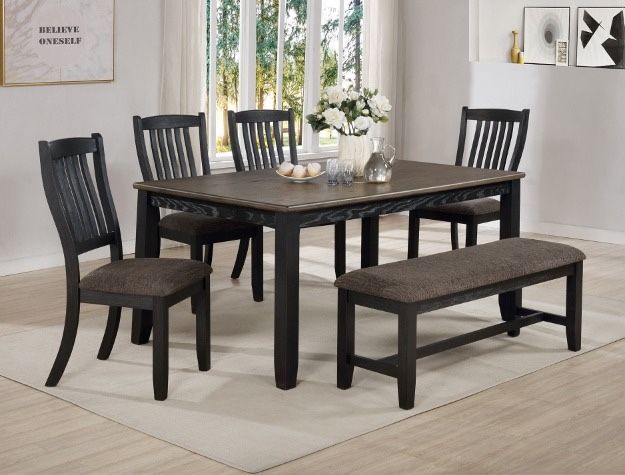 Title: 6 Pcs Dining Set (Finance Available) Description: DINING TABLE 40" X 64" X 30"H DINING CHAIR 18.5" X 18" X 39.8"H JORIE BENCH 48" X 15.5"