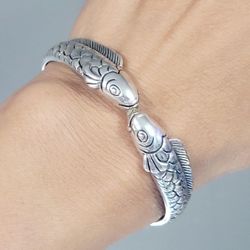 925 Sterling Silver unisex women's ladies koi fish cuff bracelet Gift