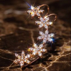 18k rose gold 0.7Ctw Natural Brilliant White & Cognac Diamond Floral Ear Cuff Flower Earring Wrap
