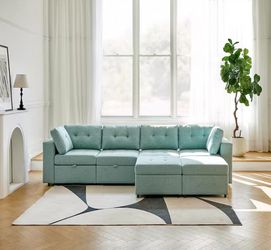 Brand New in box - Jayden Creations Franco 134. 4 in. Wide Square Arm Polyester L-Shaped Storage Sectional Sofa in Sage
