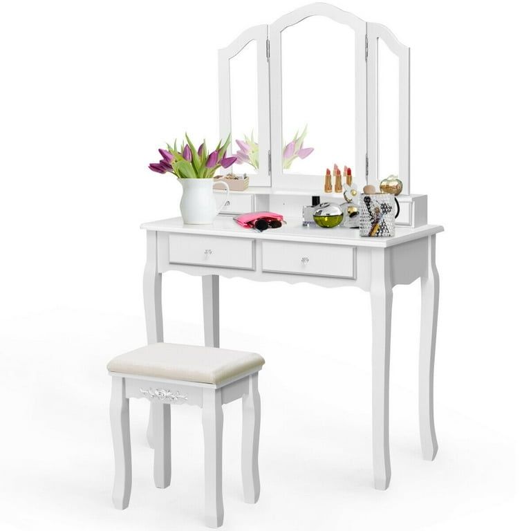 Vanity Set with Folding Mirror and 4 Drawers, Makeup Dressing Table with Cushioned Stool for Girls and Women, White
