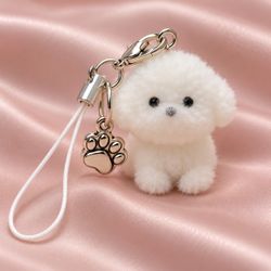 Mini White Plush Dog Charm Keychain with Paw Pendant