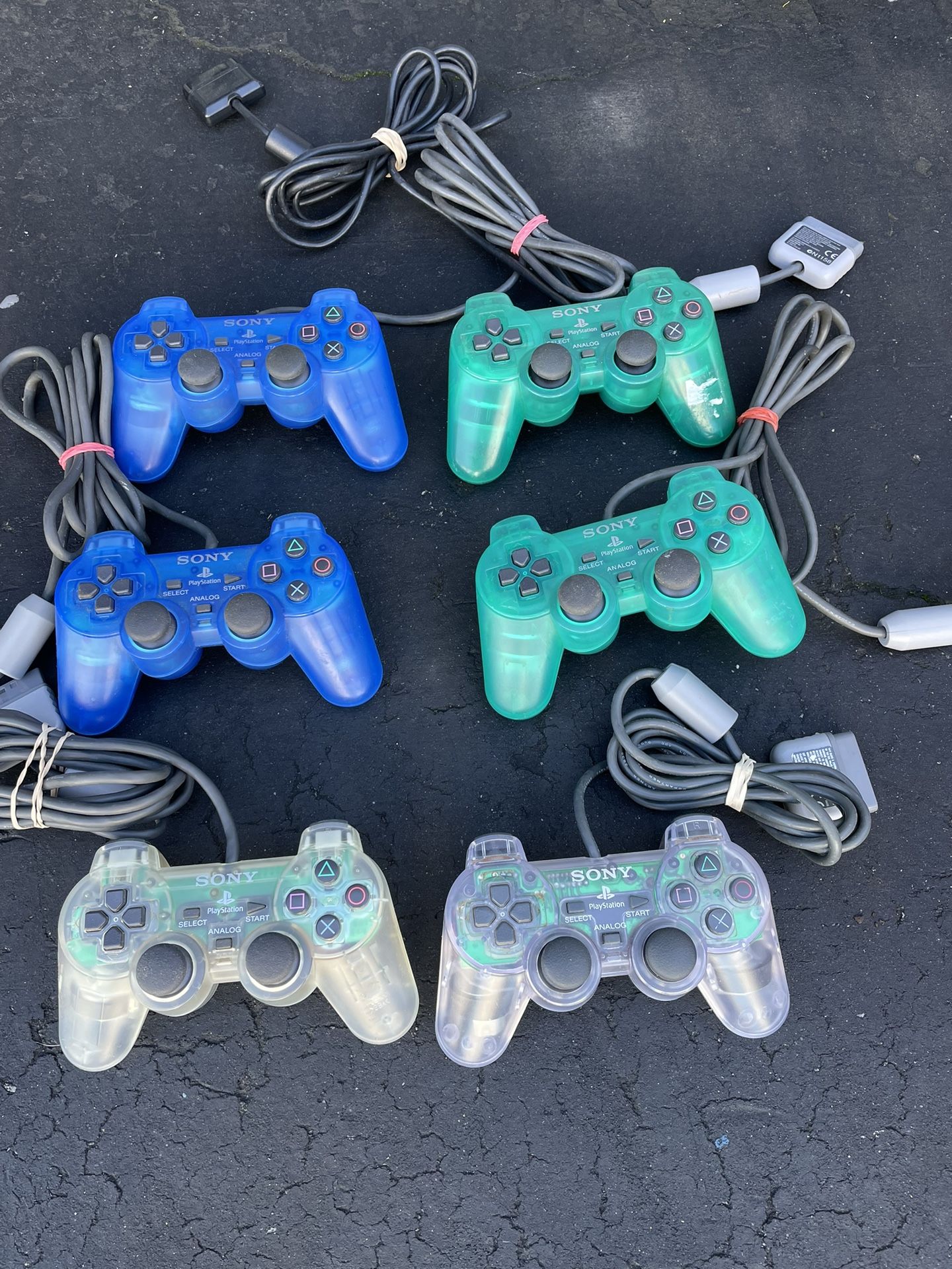 Sony PlayStation DualShock PSOne and Ps2 Emerald Green, Blue Controller & clear controller