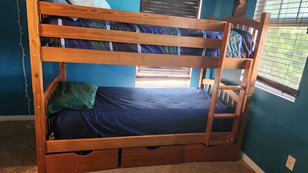 Twin Wooden Bunk Bed With Three Large Bottom Drawers
