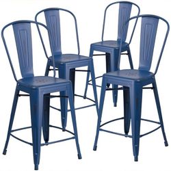 Set Of 4 Blue Metal Counter Chairs With Black Magnetic Seat Cushions