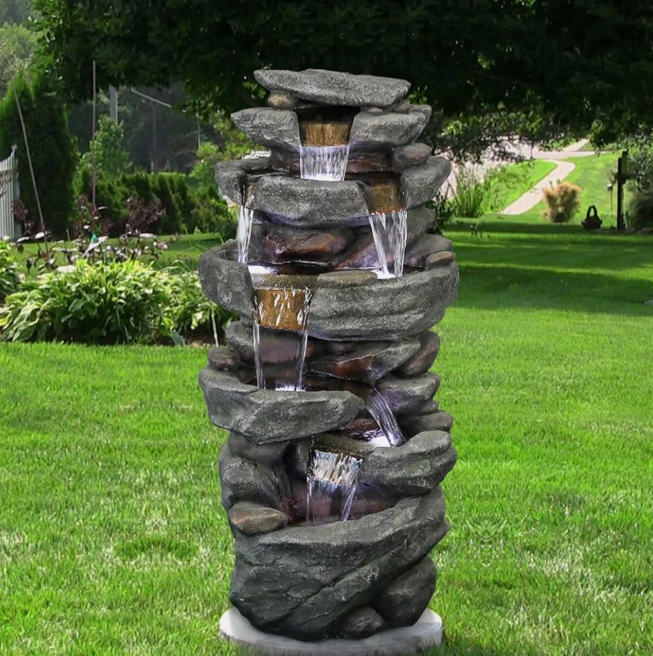 Large Rockery Outdoor Waterfall Fountains Resin Stacked Stone Decor For Garden