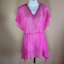 H & M Swin/Beach Cover Up Magenta Beaded Sheer Tunic Top Size 2