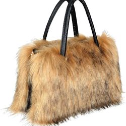 Women's Faux Fur Crossbody Tote Purse, Black Leather Handle Fluffy Fashion Shoulder Handbag