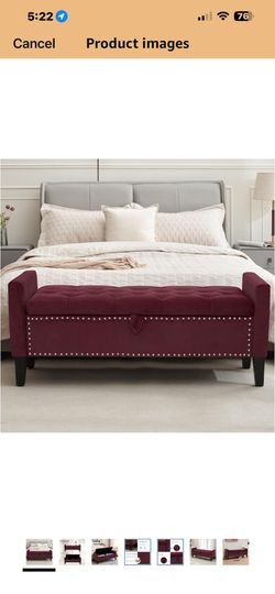 Storage Ottoman Bench, Velvet Upholstered Footstool for Bedroom and Living Room, Frosted Flannel Seat with Storage, Wooden Legs & Metal Rivets, red