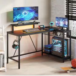 52 in. L-Shaped Black Fiber Carbon LED Gaming Desk with Storage Shelf and Power Outlets