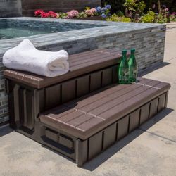 XtremepowerUS Universal 2 Slip-Resistant Spa & Hot Tub Step Outdoor Indoor Compartment Spa Step with Storage, Brown/Black