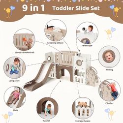 9 in 1 Toddler Slide Set, Large Toddler Slide with Ball, Telescope, Storage Space, Tunnel, Outdoor Indoor Playground Slide