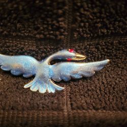 Vintage Hand Painted Enamel Blue Flying Bird Brooch Red Rhinestone Eyes