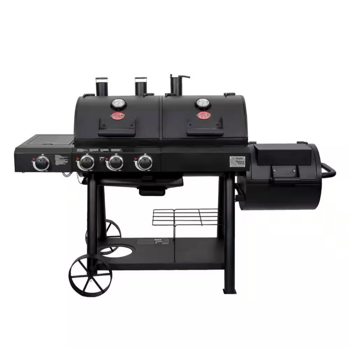 Char-Griller Texas Trio 4-Burner Dual Fuel Grill with Smoker in Black