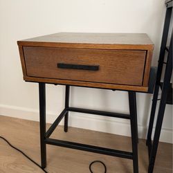 wood & black metal side table / nightstand, mid-century modern style