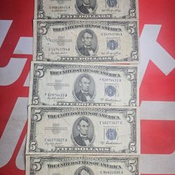 Five 1953 $5 Five Dollar Bill Blue Seal Five Dollar Silver Certificate