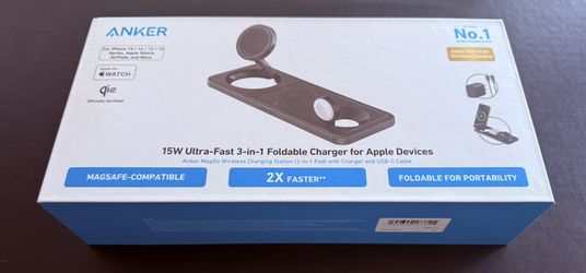 Anker iPhone 16 Foldable 3-in-1 Wireless Charging Station, Qi2 Certified 15W Ultra-Fast MagSafe-Compatible Wireless Charger, for iPhone 15/14 Series,