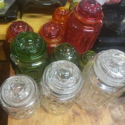 Red Clear Green Glass Collectable Canisters 