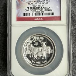 2015P NGC PF70 ULTRA CAMEO AUSTRALIA YEAR OF THE GOAT HIGH RELIEF 1oz SILVER COIN