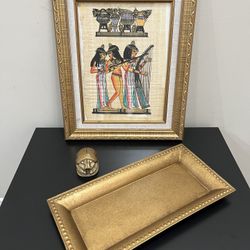 Egyptian Theme Decor Set – Framed Papyrus Art + Gold Scarab Paperweight + Decorative Charger Plate