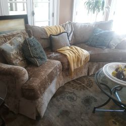 Thomasville Taupe Wedge Sofa With Blue and Gold Pillows 
