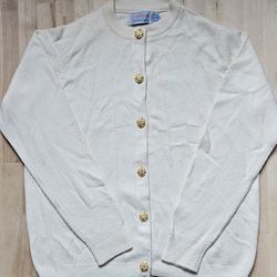 Vintage Ballantyne Scotland 100% Cashmere Cardigan Sweater Ivory Gold Buttons M

