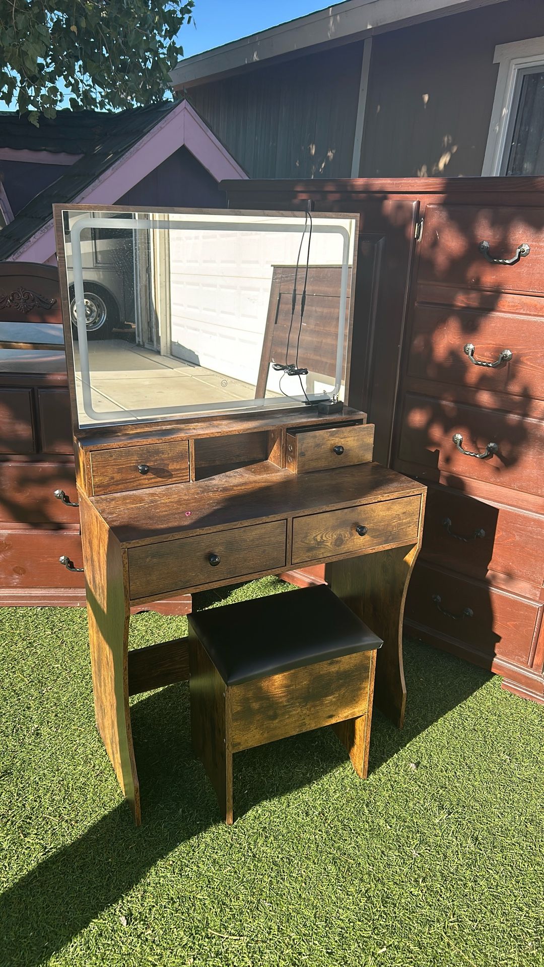 Vanity with light and stool